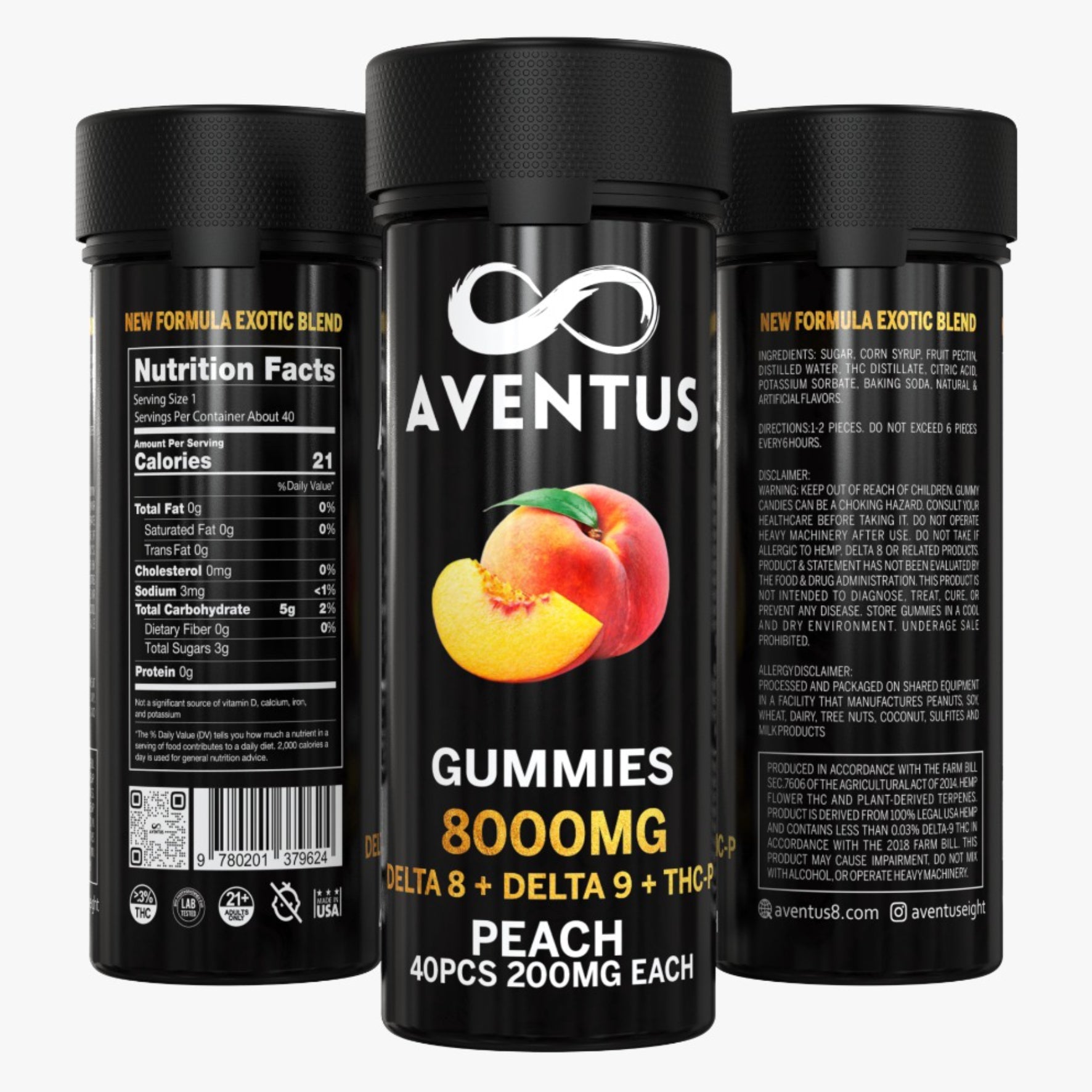 8000mg AVENTUS8 GUMMIES PEACH DELTA 8 + DELTA 9 + THC-P STRONG EXOTIC BLEND